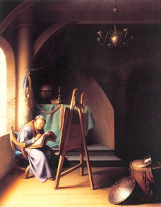 Gerard Dou, Man Writing by an Easel. c. 1631-32. 31.5 x 25 cm, oil on panel. Private collection